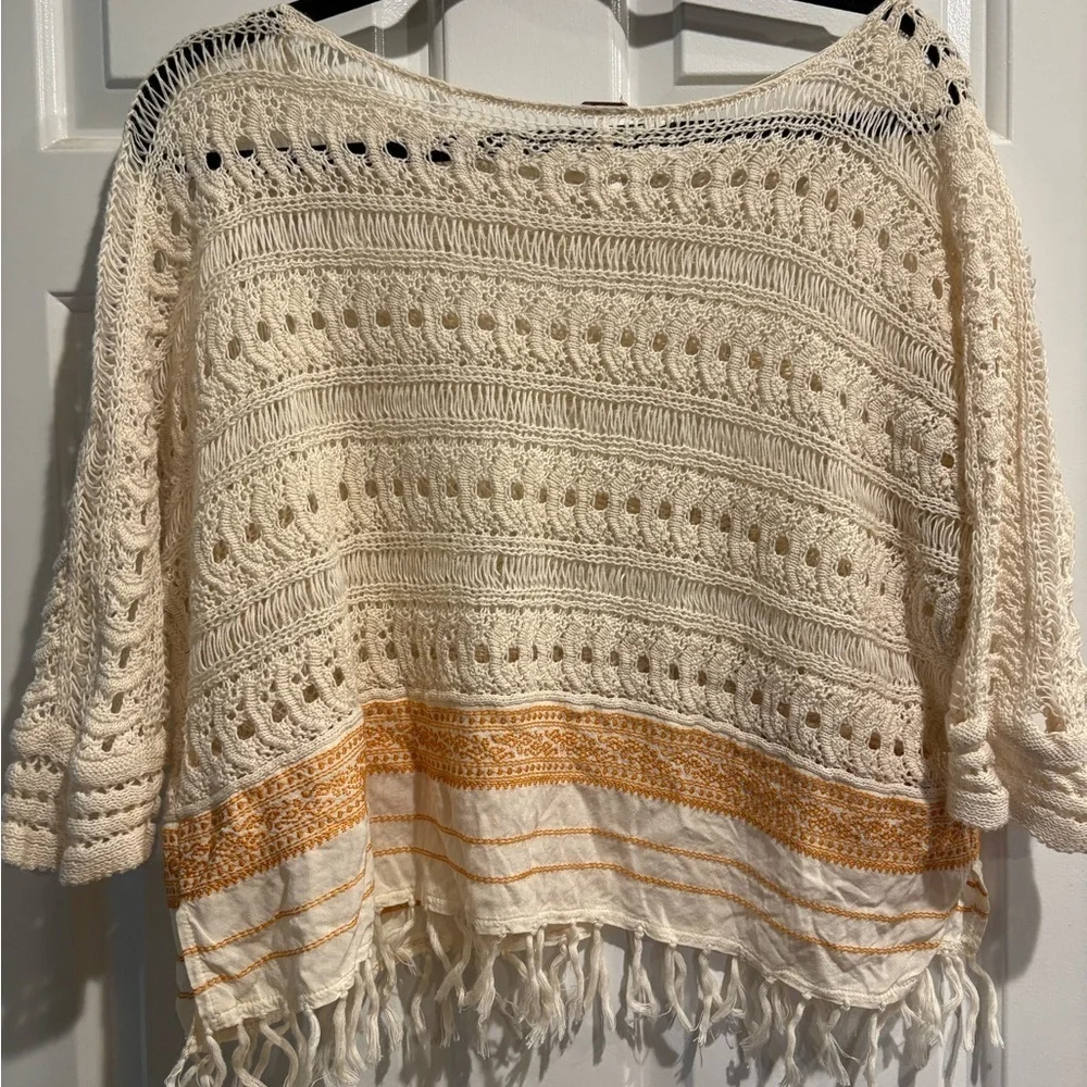 Free People crochet open knit top with fringe detail ivory sz M boho festival